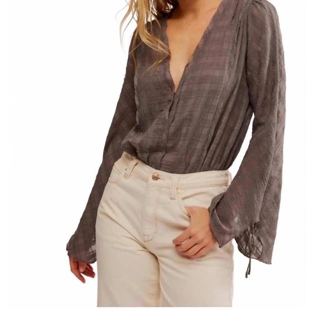 Intimately Free People Sheer Blouse Sz S Gray Lace Thong Bodysuit Fairycore